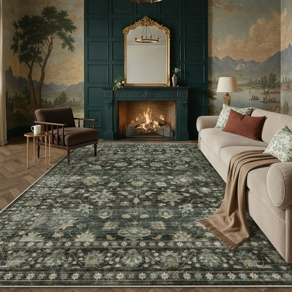 BERTHMEER 9'x12' Area Rugs for Living Room Bedroom Dining Room Farmhouse Vintage Oriental Traditional Large Rugs Machine Washable Non-slip Rugs Carpets,Green