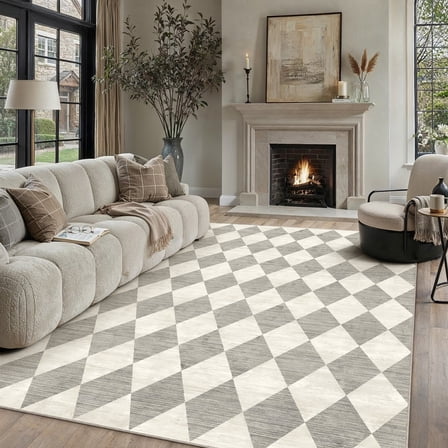 BERTHMEER 9'x12' Area Rugs for Living Room Bedroom Dining Room Kitchen Rugs Non Slip Washable Farmhouse Office Geometric Modern Rhombus Checkered Contemporary Rugs Carpets,Gray