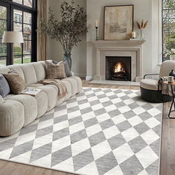 BERTHMEER 9'x12' Area Rugs for Living Room Bedroom Dining Room Kitchen Rugs Non Slip Washable Farmhouse Office Geometric Modern Rhombus Checkered Contemporary Rugs Carpets,Gray