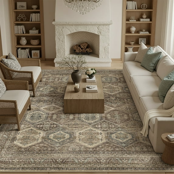 BERTHMEER 9'x12' Area Rugs for Living Room Bedroom Dining Room Office Farmhouse Large Oriental Non Slip Washable Traditional Distressed Vintage Rugs Carpets,Brown