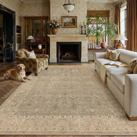 BERTHMEER 9'x12' Area Rugs for Living Room Bedroom Dining Room Office Farmhouse Large Oriental Rugs Non Slip Traditional Distressed Rugs Carpets,Golden Brown