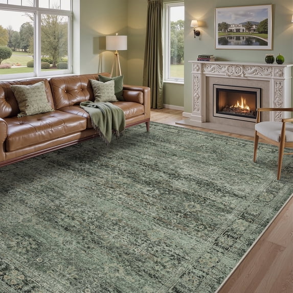 BERTHMEER 9'x12' Large Area Rugs for Living Room Bedroom Washable Non Slip Vintage Traditional Dorm Office Dining Room Farmhouse Oriental Rugs Carpets, Green