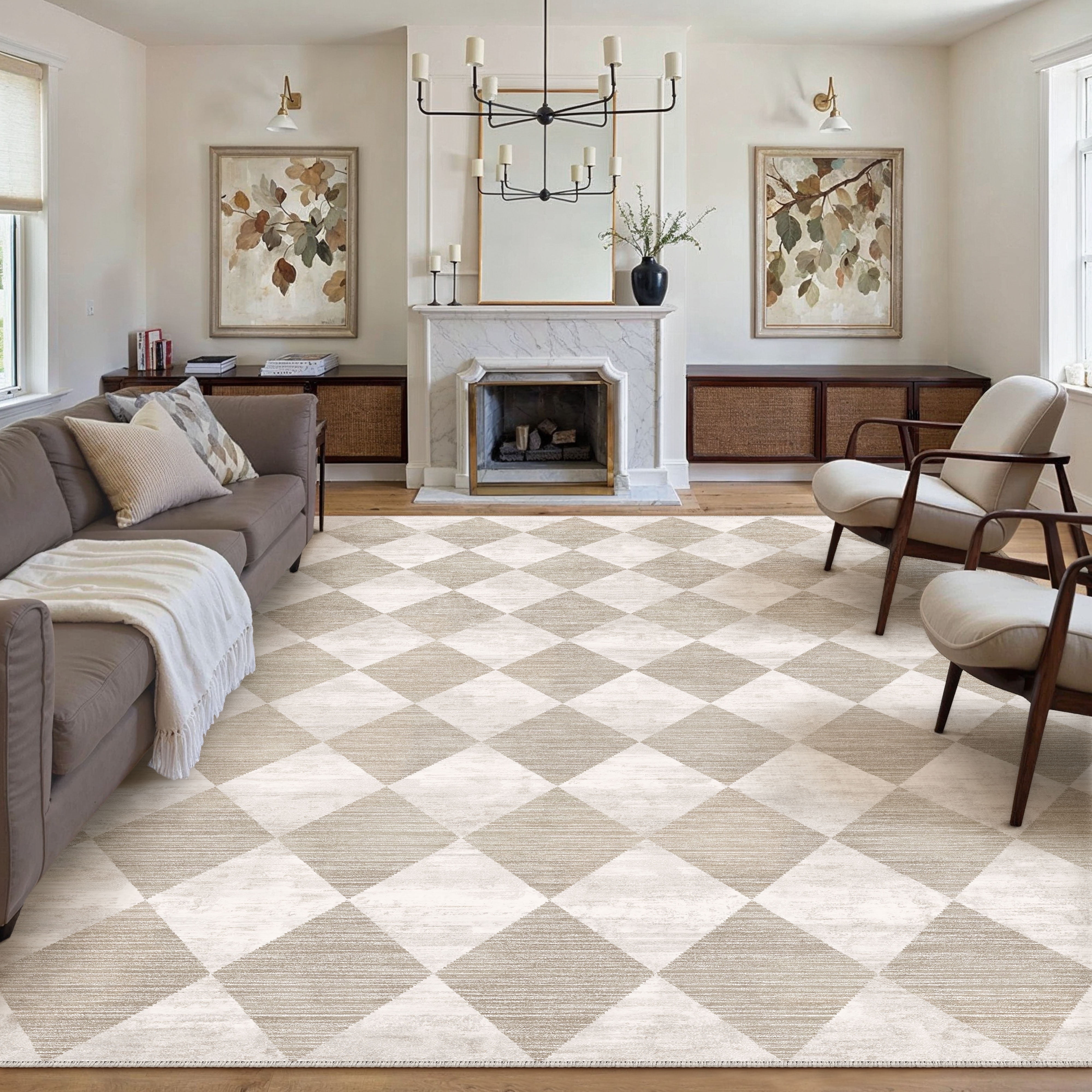 BERTHMEER 9'x12' Area Rugs for Living Room Bedroom Rhombus Checkered Large Rugs Office Dining Room Farmhouse Non Slip Washable Geometric Modern Contemporary Rugs Carpets,Beige - Walmart.com