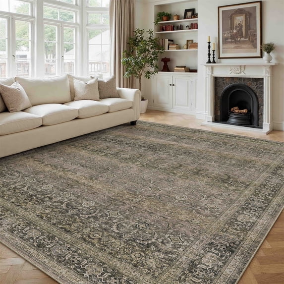 BERTHMEER 9'x12' Area Rugs for Living Room Bedroom Taupe Vintage Non Slip Washable Large Farmhouse Office Dining Room Oriental Traditional Distressed Carpets