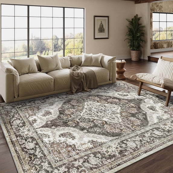 BERTHMEER 9'x12' Area Rugs for Living Room Bedroom Vintage Washable Large Brown Carpets Office Farmhouse Dining Room Gray Oriental Rugs Non Slip Traditional Distressed Rugs