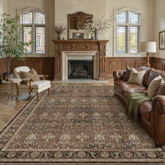 BERTHMEER 9'x12' Area Rugs for Living Room Dining Room Bedroom Office Farmhouse Vintage Non Slip Oriental Large Rugs Traditional Distressed Rugs Carpets,Brown
