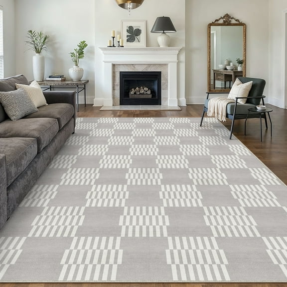 BERTHMEER 9'x12' Area Rugs for Living Room Dining Room Geometric Modern Rugs Washable Non Slip Bedroom Office Farmhouse Checkered Contemporary Rugs Carpets,Gray