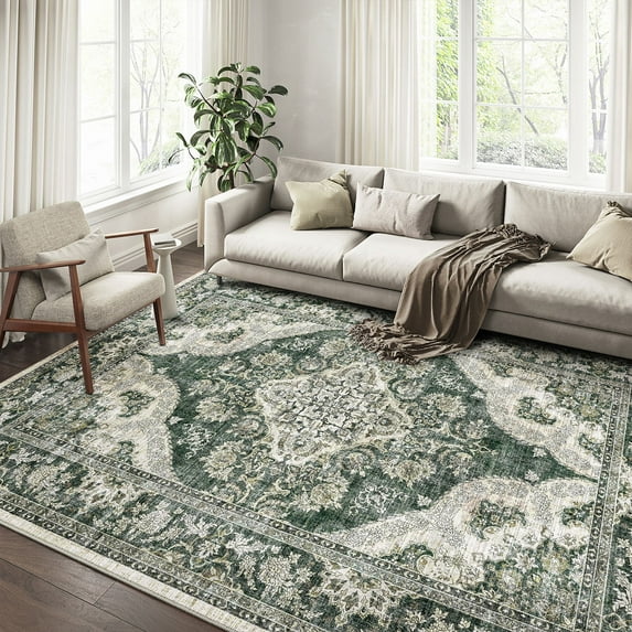 BERTHMEER 9'x12' Area Rugs for Living Room Large Vintage Green Rugs Bedroom Office Farmhouse Dining Room Oriental Rugs Non Slip Washable Traditional Distressed Carpets