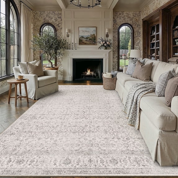 BERTHMEER 9'x12' Area Rugs for Living Room Rugs for Bedroom Gray Vintage Non Slip Washable Large Farmhouse Office Dining Room Oriental Traditional Distressed Carpets