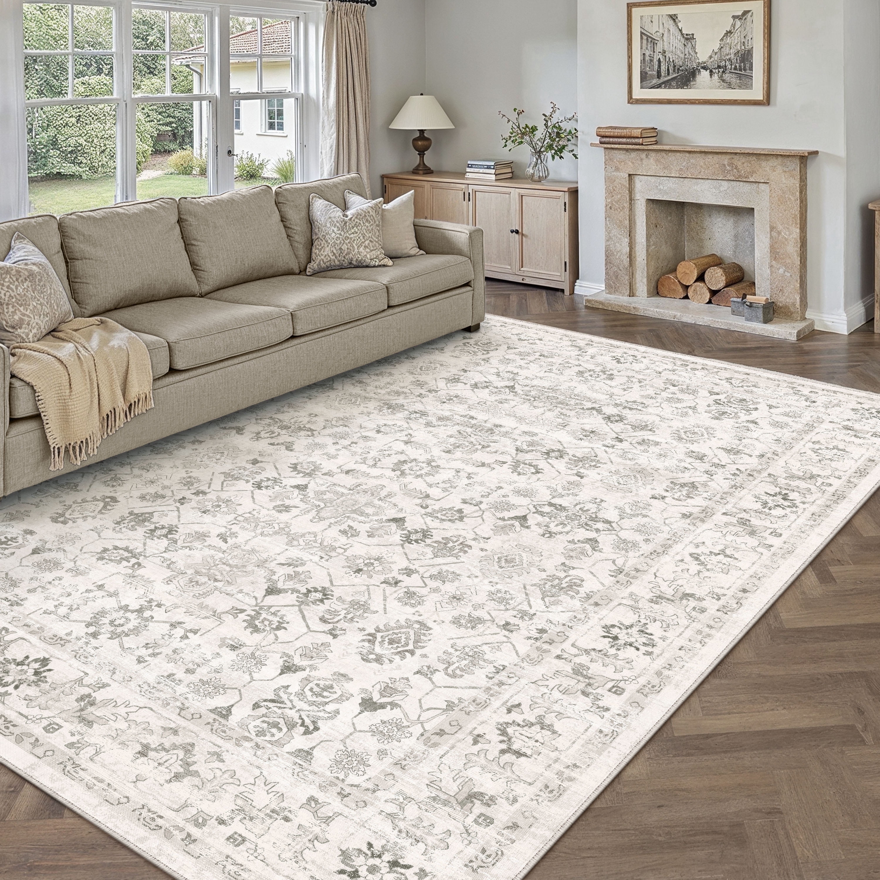 BERTHMEER 9'x12' Area Rugs for Living Room Rugs for Bedroom Gray Vintage Non Slip Washable Large Farmhouse Office Dining Room Oriental Traditional Distressed Carpets