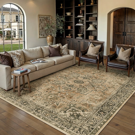 BERTHMEER 9'x12' Area Rugs for Living Room Dining Room Bedroom Office Farmhouse Medallion Traditional Large Washable Non-slip Carpets,Brown