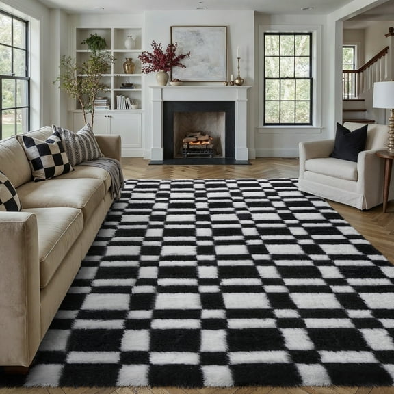 BERTHMEER 9'x12' Checkered Rug for Living Room, Modern Black and White Checkerboard Shag Rug Non-Slip Large Area Rug Soft Indoor Fluffy Rugs for Bedroom Carpet Home Dorm Aesthetic Decor