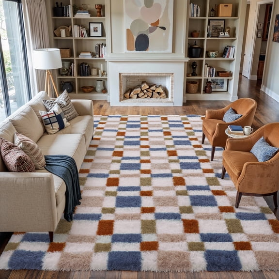 BERTHMEER 9'x12' Checkered Rug for Living Room, Modern Colorful Checkerboard Shag Rug Non-Slip Large Area Rug Soft Indoor Fluffy Rugs for Bedroom Carpet Home Dorm Aesthetic Decor