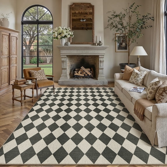 BERTHMEER 9'x12' Easy Jute Area Rugs for Living Room Modern Checkered Indoor/Outdoor Rugs for Patio Farmhouse Geometric Contemporary Washable Non Slip Large Rugs Carpets, Black
