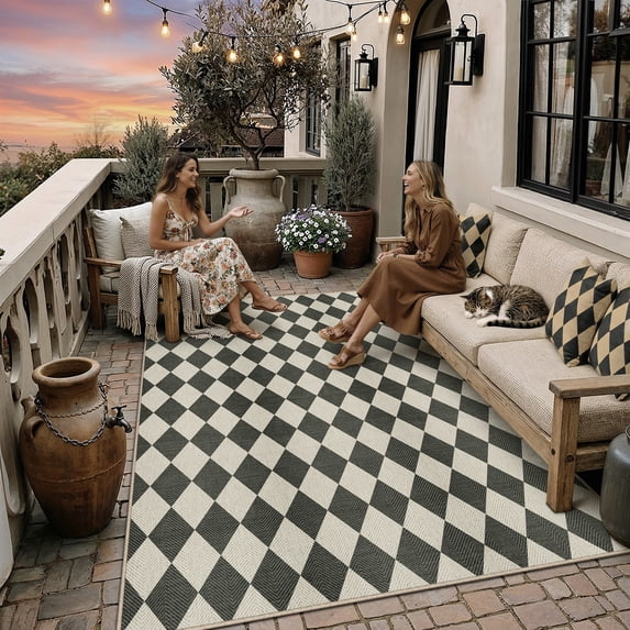 BERTHMEER 9'x12' Easy Jute Area Rugs for Living Room Modern Checkered Indoor/Outdoor Rugs for Patio Farmhouse Geometric Contemporary Washable Non Slip Large Rugs Carpets, Black