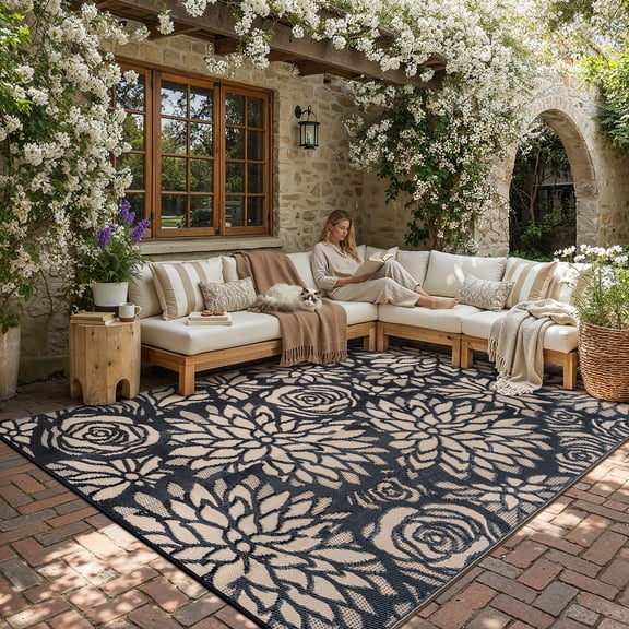 BERTHMEER 9'x12' Brown Outdoor Rugs Plastic Straw Reversible Waterproof Patio Rugs for Deck Camping Beach Picnic Porch Garden Balcony