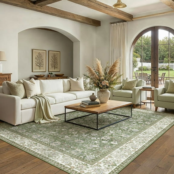 BERTHMEER 9'x12' Green Large Vintage Area Rugs Clearence Oriental Washable Rugs for Living Room Bedroom Dining Room Farmhouse Office Non-slip