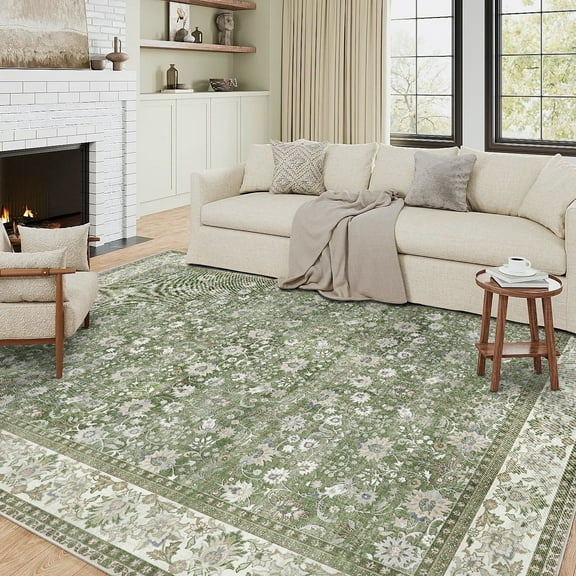 BERTHMEER 9'x12' Green Large Vintage Area Rugs Clearence Oriental Washable Rugs for Living Room Bedroom Dining Room Farmhouse Office Non-slip