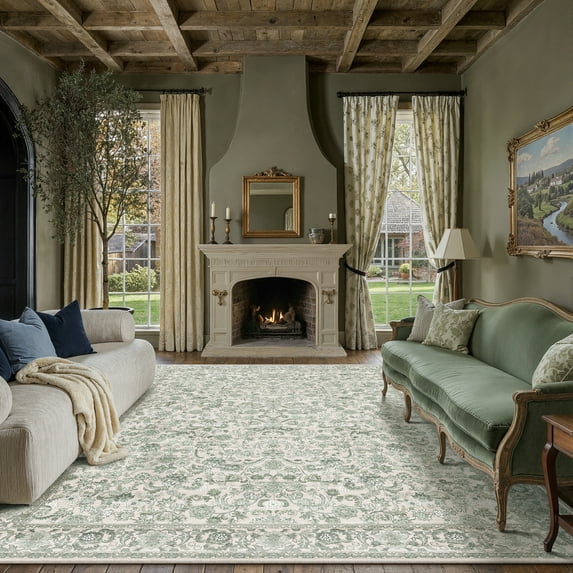 BERTHMEER 9'x12' Green Large Vintage Area Rugs Oriental Washable Rugs for Living Room Bedroom Dining Room Farmhouse Office Non-slip