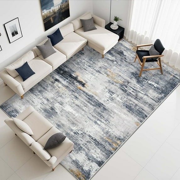 BERTHMEER 9'x12' Large Abstract Area Rug for Living Room Rugs Washable Indoor Non-Slip Contemporary Rugs for Farmhouse Kitchen Bedroom Dining Room,Blue&Gold