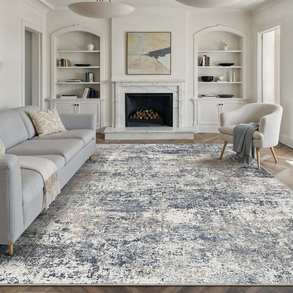 BERTHMEER 9'x12' Large Abstract Area Rugs Modern Rugs for Living Room Bedroom Dining Room Office Farmhouse Distressed Machine Washable Non-slip, Blue