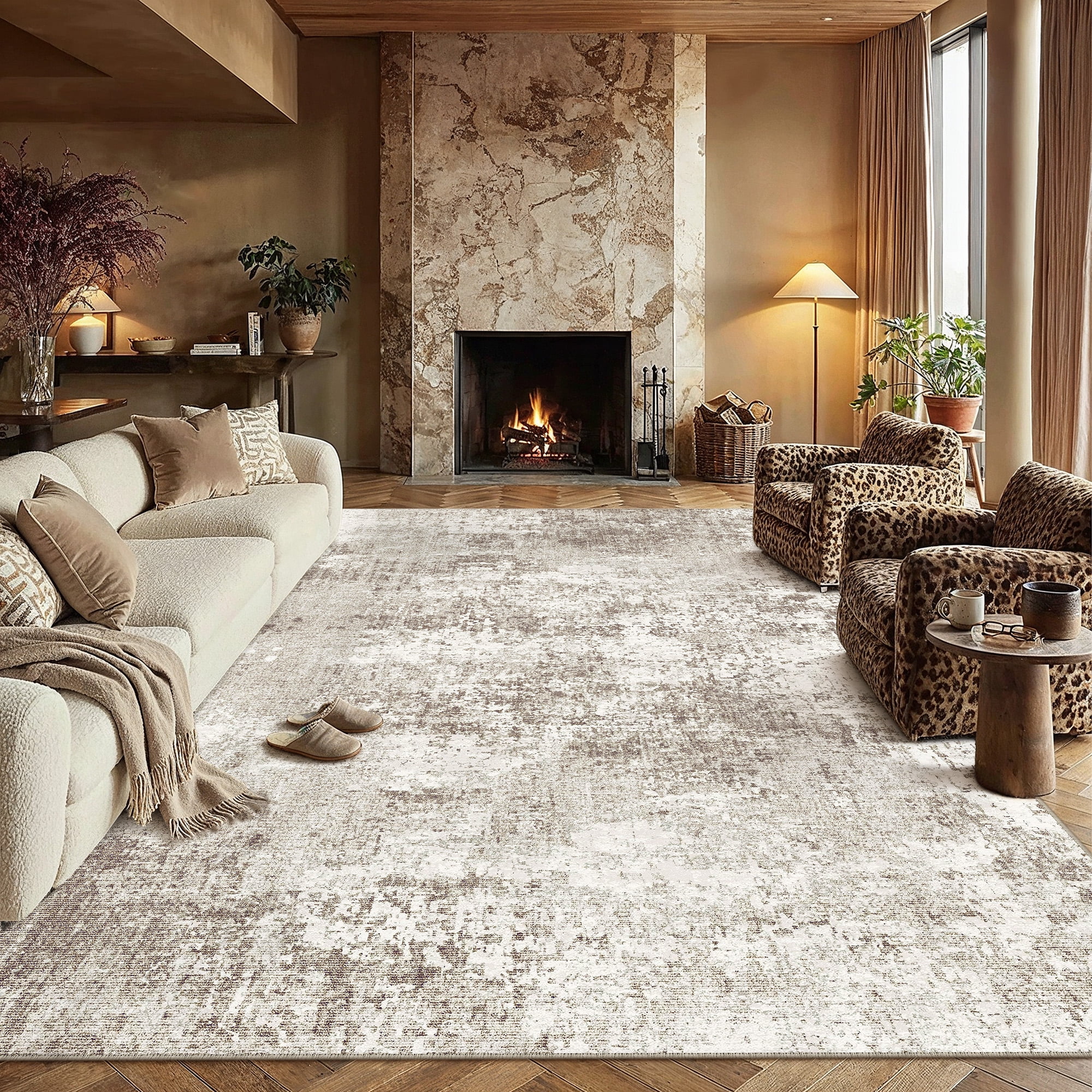 berthmeer 9'x12' large abstract area rugs for living room bedroom dining room office farmhouse distressed machine washable non-slip, beige