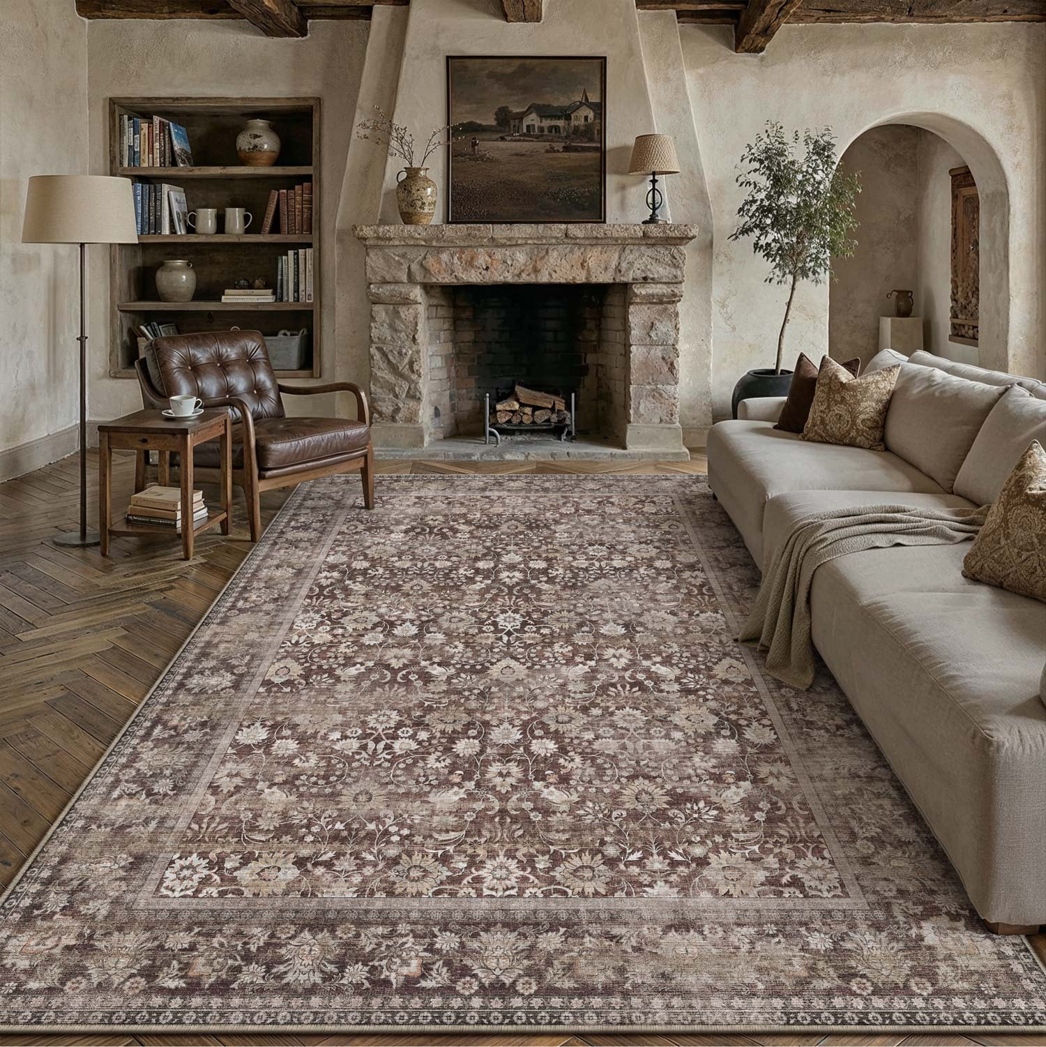 BERTHMEER 9'x12' Large Area Rugs for Living Room Bedroom Dining Room Office Oriental Floral Vintage Farmhouse Machine Washable Non-slip Traditional Distressed Rugs Carpets, Coffee Brown