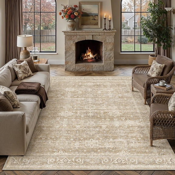 BERTHMEER 9'x12' Large Area Rugs for Living Room Bedroom Dining Room Office Oriental Vintage Farmhouse Machine Washable Non-slip Traditional Distressed Rugs Carpets, Beige