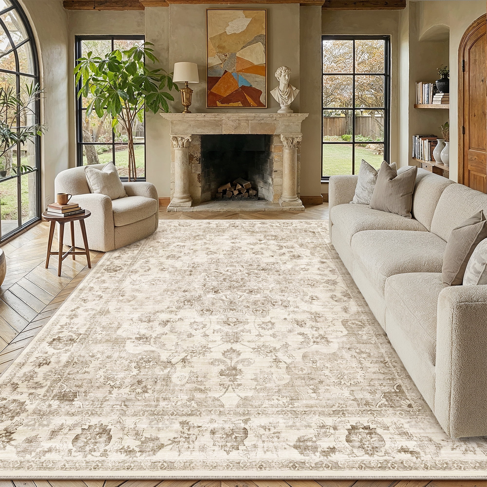 BERTHMEER 9'x12' Large Area Rugs for Living Room Bedroom Office Beige Vintage Non Slip Washable Farmhouse Dining Room Oriental Traditional Distressed Rugs