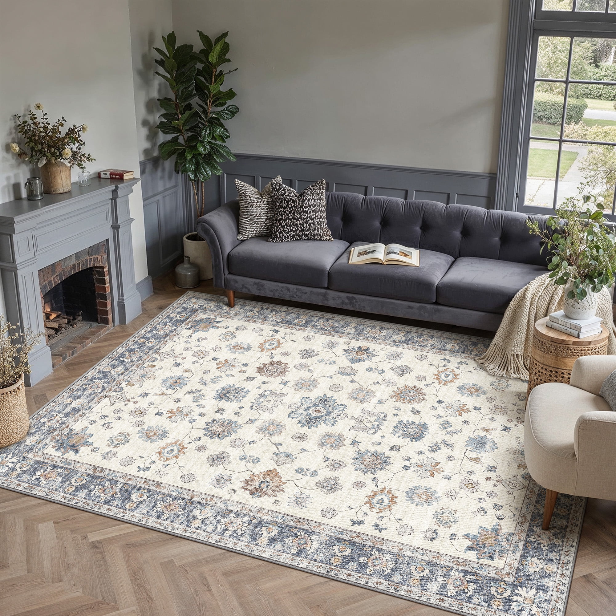 BERTHMEER 9'x12' Large Area Rugs for Living Room Bedroom Office Blue Vintage Non Slip Washable Farmhouse Dining Room Oriental Traditional Distressed Rugs