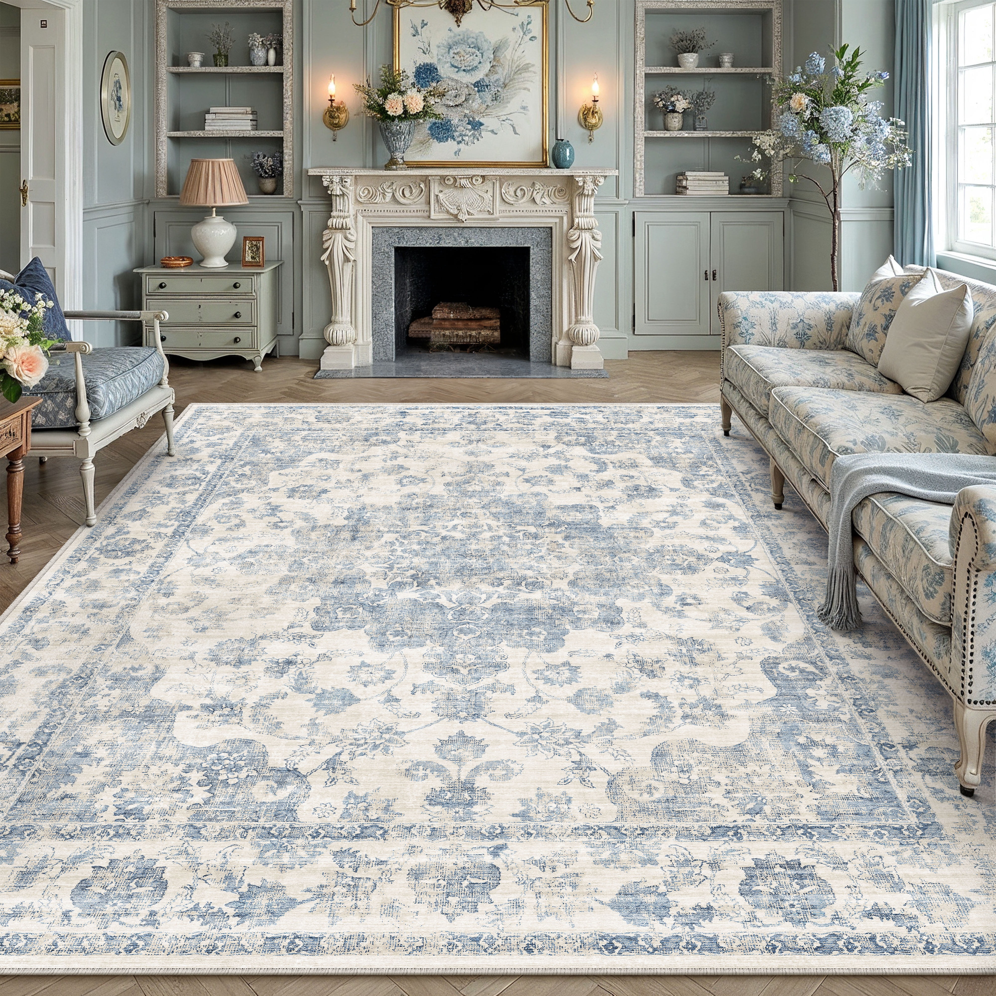 BERTHMEER 9'x12' Large Area Rugs for Living Room Bedroom Office Blue Vintage Non Slip Washable Farmhouse Dining Room Oriental Traditional Distressed Rugs