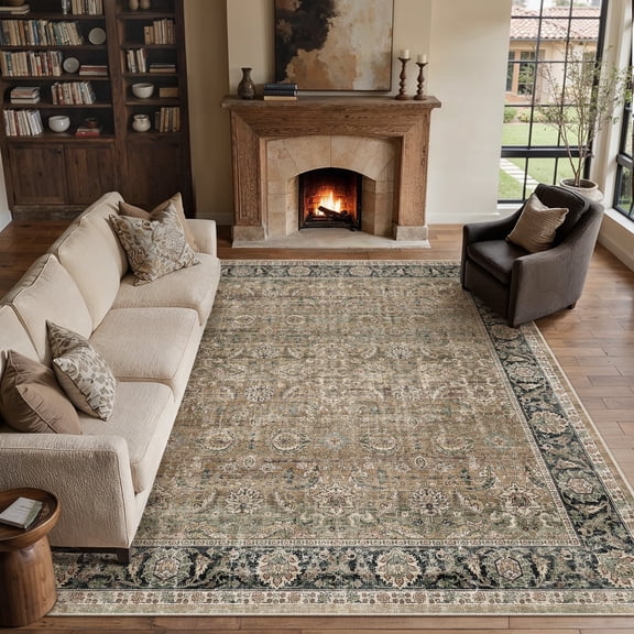 BERTHMEER 9'x12' Large Area Rugs for Living Room Bedroom Office Brown and Green Vintage Non Slip Washable Farmhouse Dining Room Oriental Traditional Distressed Rugs