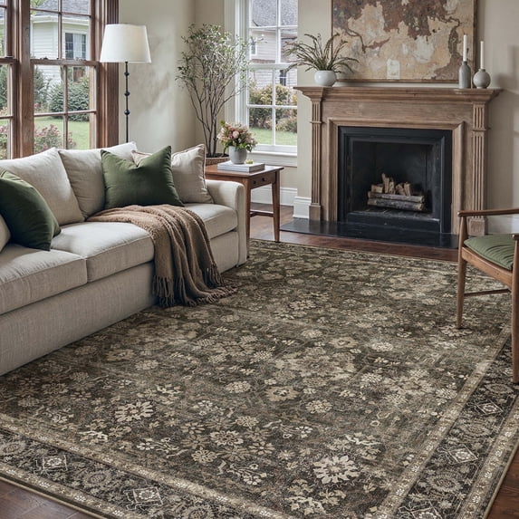 BERTHMEER 9'x12' Large Area Rugs for Living Room Bedroom Office Brown Vintage Non Slip Washable Farmhouse Dining Room Oriental Traditional Distressed Rugs