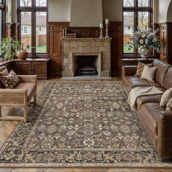 BERTHMEER 9'x12' Large Area Rugs for Living Room Bedroom Office Brown Vintage Non Slip Washable Farmhouse Dining Room Oriental Traditional Distressed Rugs