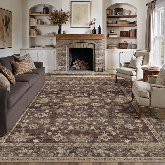 BERTHMEER 9'x12' Large Area Rugs for Living Room Bedroom Office Brown Vintage Non Slip Washable Farmhouse Dining Room Oriental Traditional Distressed Rugs