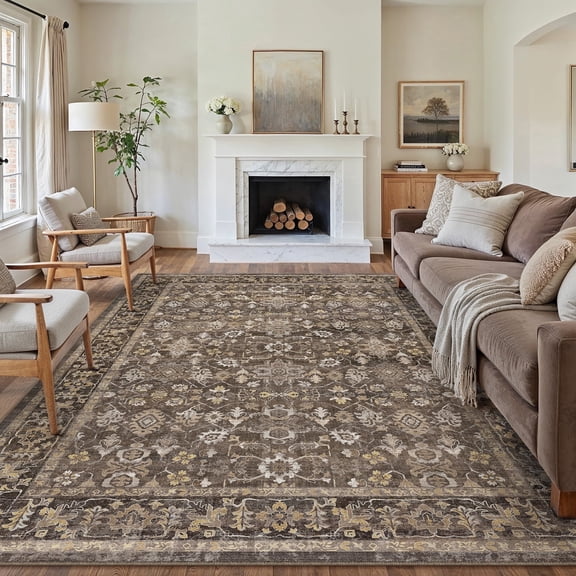 BERTHMEER 9'x12' Large Area Rugs for Living Room Bedroom Office Brown Vintage Non Slip Washable Farmhouse Dining Room Oriental Traditional Distressed Rugs