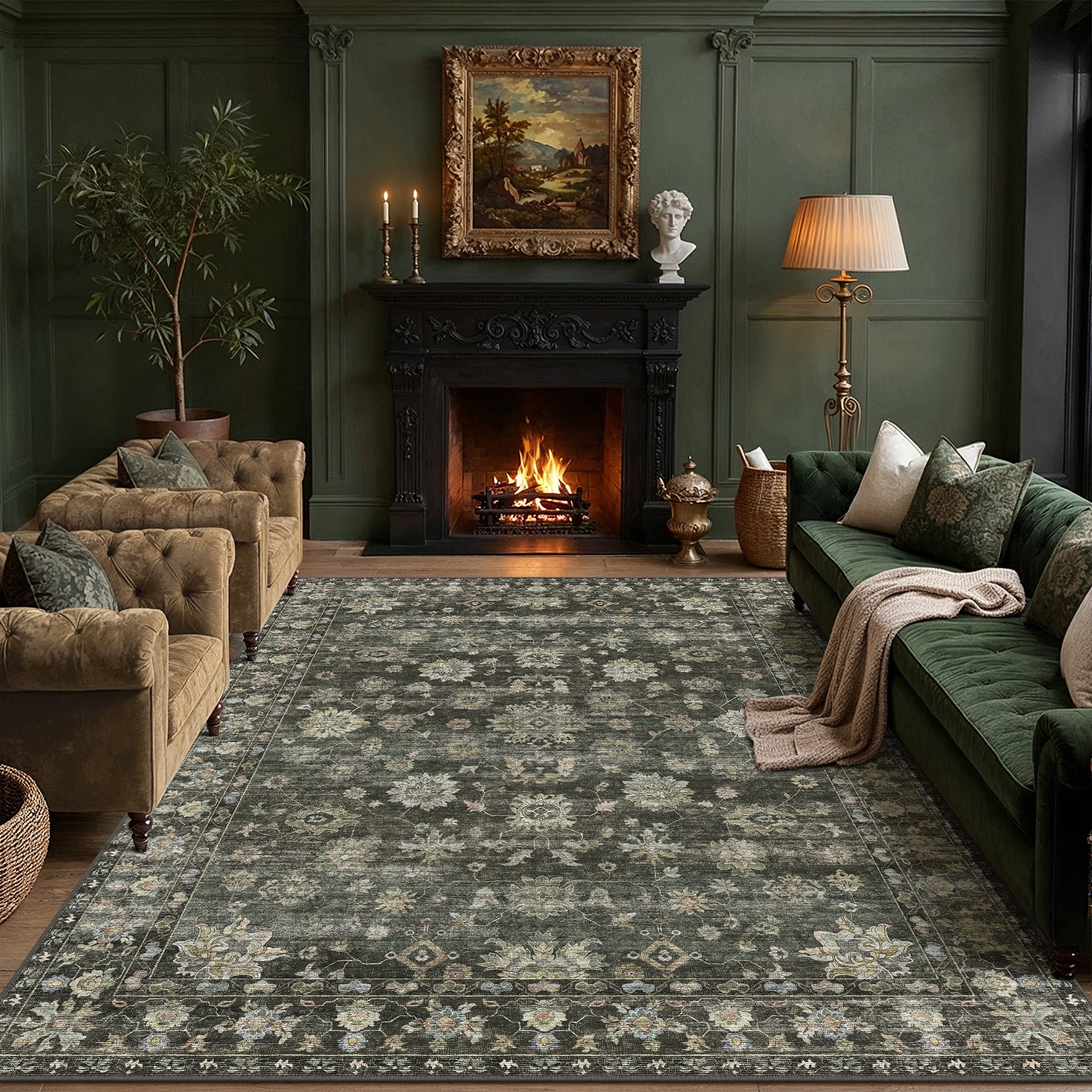 berthmeer 9'x12' large area rugs for living room bedroom office green vintage non slip washable farmhouse dining room oriental traditional distressed rugs