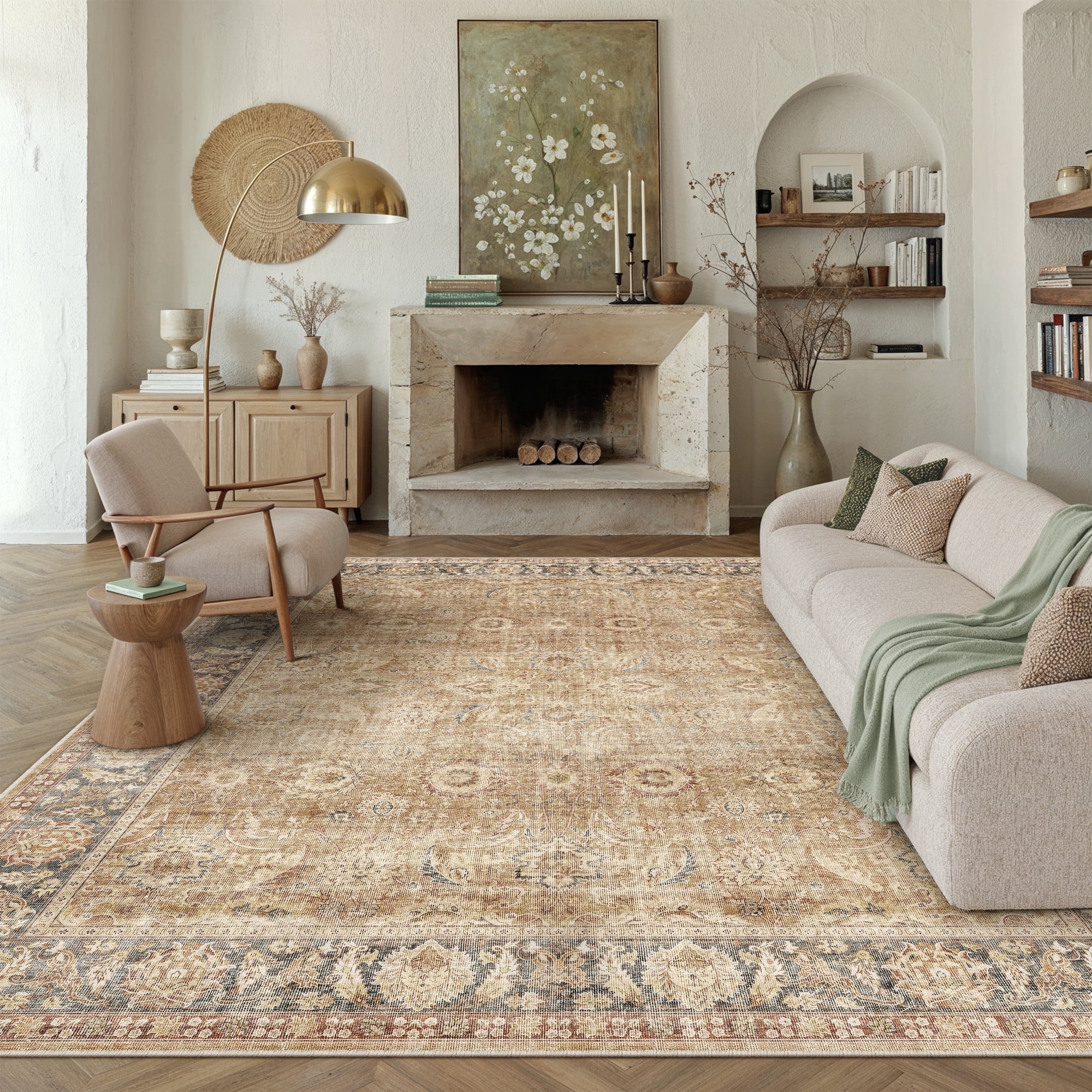 berthmeer 9'x12' large area rugs for living room bedroom office light brown vintage non slip washable farmhouse dining room oriental traditional distressed rugs