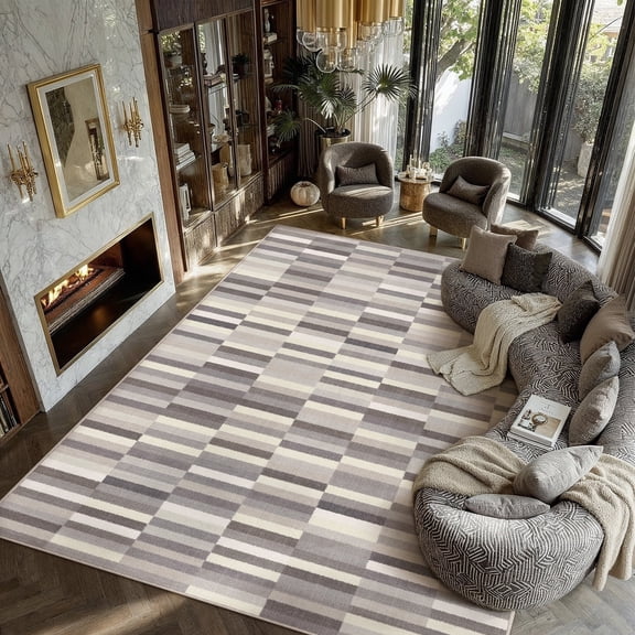BERTHMEER 9'x12' Large Area Rugs for Living Room Bedroom Office Modern Contemporary Geometric Carpets Non Slip Washable Farmhouse Dining Room Gray Striped Pattern Rugs