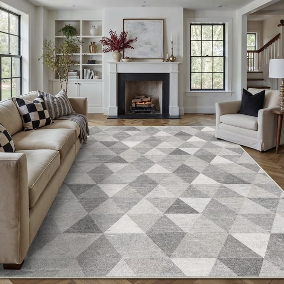 BERTHMEER 9'x12' Large Area Rugs for Living Room Bedroom Office Modern Contemporary Geometric Carpets Non Slip Washable Farmhouse Dining Room Gray Checkered pattern Rugs