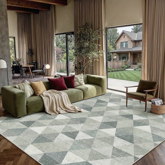 BERTHMEER 9'x12' Large Area Rugs for Living Room Bedroom Office Modern Polygon Contemporary Geometric Carpets Non Slip Washable Farmhouse Dining Room Gray and Green Checkered pattern Rugs