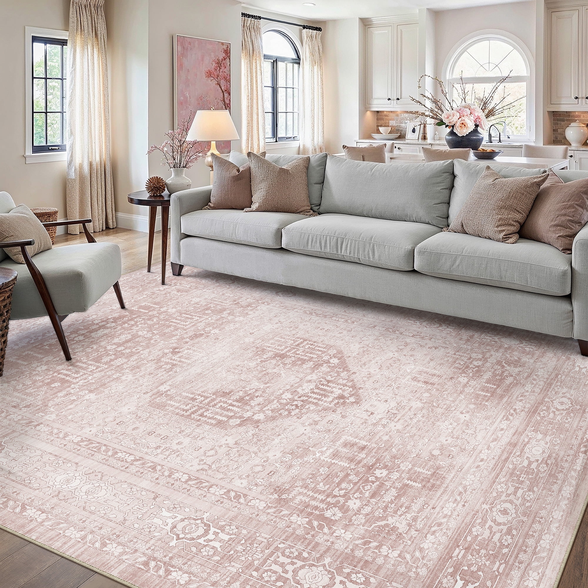 berthmeer 9'x12' large area rugs for living room bedroom office pink vintage non slip washable farmhouse dining room oriental traditional distressed rugs