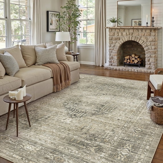 BERTHMEER 9'x12' Large Area Rugs for Living Room Bedroom Office Tawny Vintage Non Slip Washable Farmhouse Dining Room Oriental Traditional Distressed Rugs