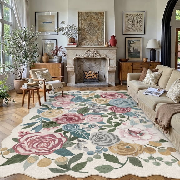 BERTHMEER 9'x12' Scalloped Large Area Rugs for Living Room Floral Rugs for Bedroom Farmhouse Dining Room Office Beige Vintage Watercolor Roses Pink Blue Carpets Non Slip Washable Flower Rugs