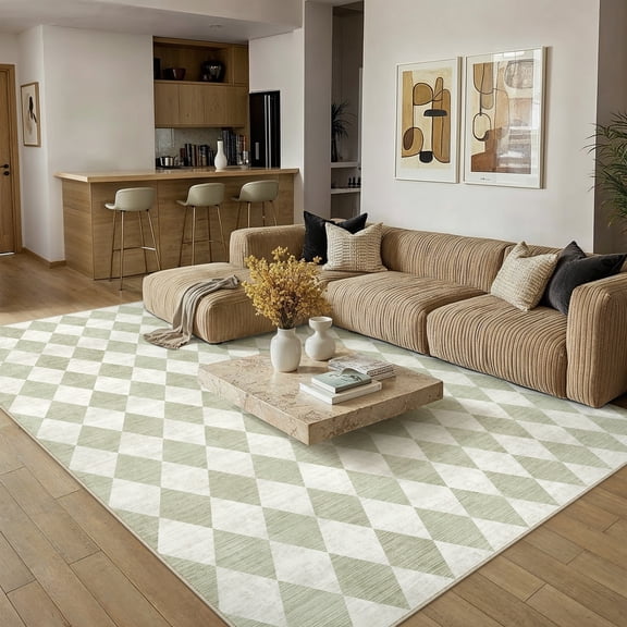 BERTHMEER 9'x12' Large Area Rugs for Living Room Modern Rhombus Checkered Rugs Bedroom Office Dining Room Farmhouse Geometric Contemporary Washable Non Slip Green Rugs Carpets, Light Green