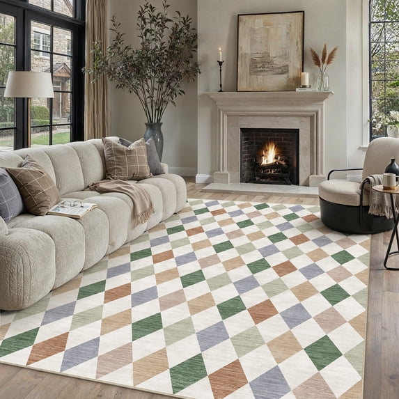 BERTHMEER 9'x12' Large Area Rugs for Living Room Modern Rhombus Checkered Rugs Bedroom Office Dining Room Farmhouse Geometric Contemporary Washable Non Slip Rugs Carpets, Multicolor