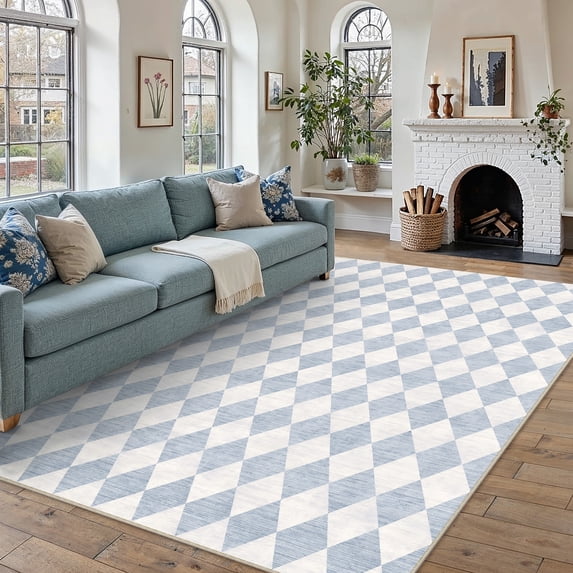 BERTHMEER 9'x12' Large Area Rugs for Living Room Modern Rhombus Checkered Rugs Bedroom Office Dining Room Farmhouse Geometric Contemporary Washable Non Slip Blue Rugs Carpets, Light Blue