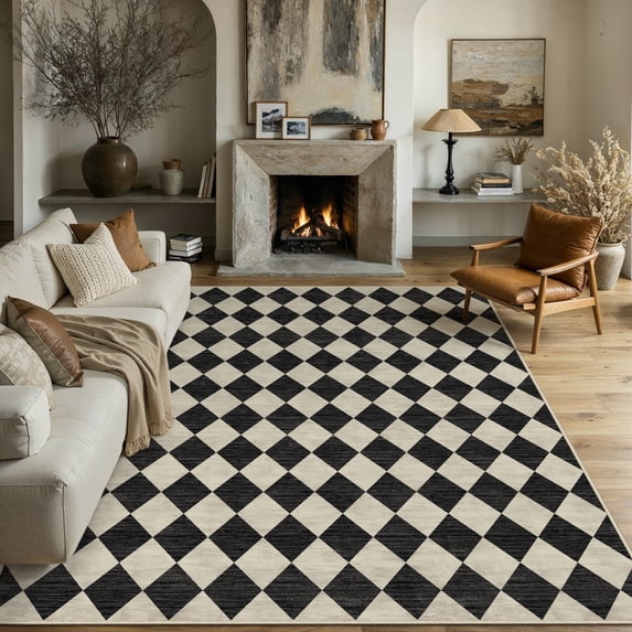 BERTHMEER 9'x12' Large Area Rugs for Living Room Modern Rhombus Checkered Rugs Bedroom Office Dining Room Farmhouse Geometric Contemporary Washable Non Slip Rugs Carpets, Black & Beige