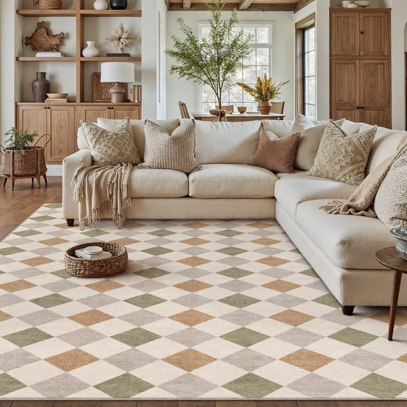 BERTHMEER 9'x12' Large Area Rugs for Living Room Modern Soft Checkered Rugs Bedroom Office Dining Room Farmhouse Geometric Contemporary Washable Non Slip Rugs Carpets, Green & Orange