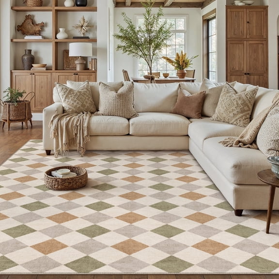 BERTHMEER 9'x12' Large Area Rugs for Living Room Modern Soft Checkered Rugs Bedroom Office Dining Room Farmhouse Geometric Contemporary Washable Non Slip Rugs Carpets, Green & Orange